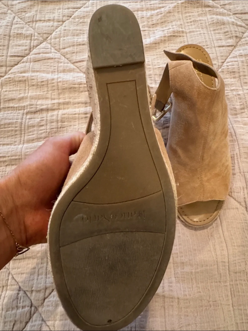 Franco Sarto Tan Suede Open-Toe Wedge